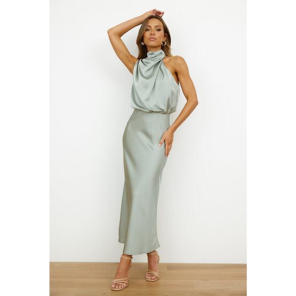 HELLO MOLLY SWITCH OVER SATIN MAXI DRESS SAGE Sz L - Picture 3 of 10